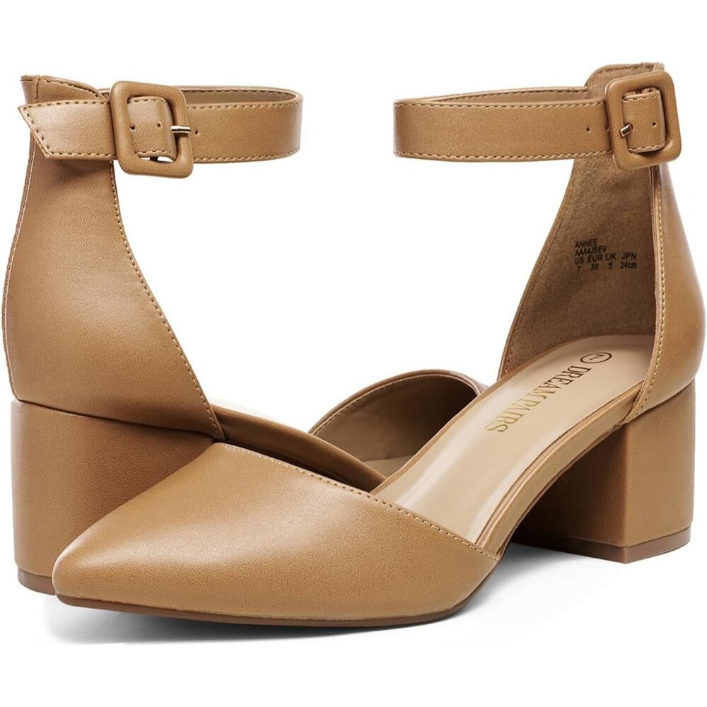 Women's Nude/Pu Pointed Toe Heels with Ankle Strap and 2.25 Inch Block Heel - Picture 5 of 6